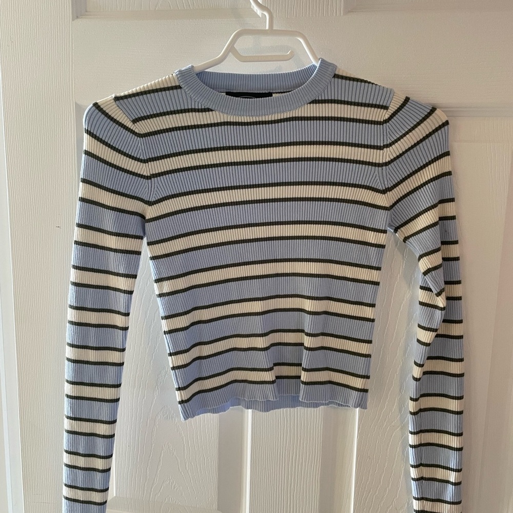Cider Blue, Green, and White Striped Long Sleeve Top